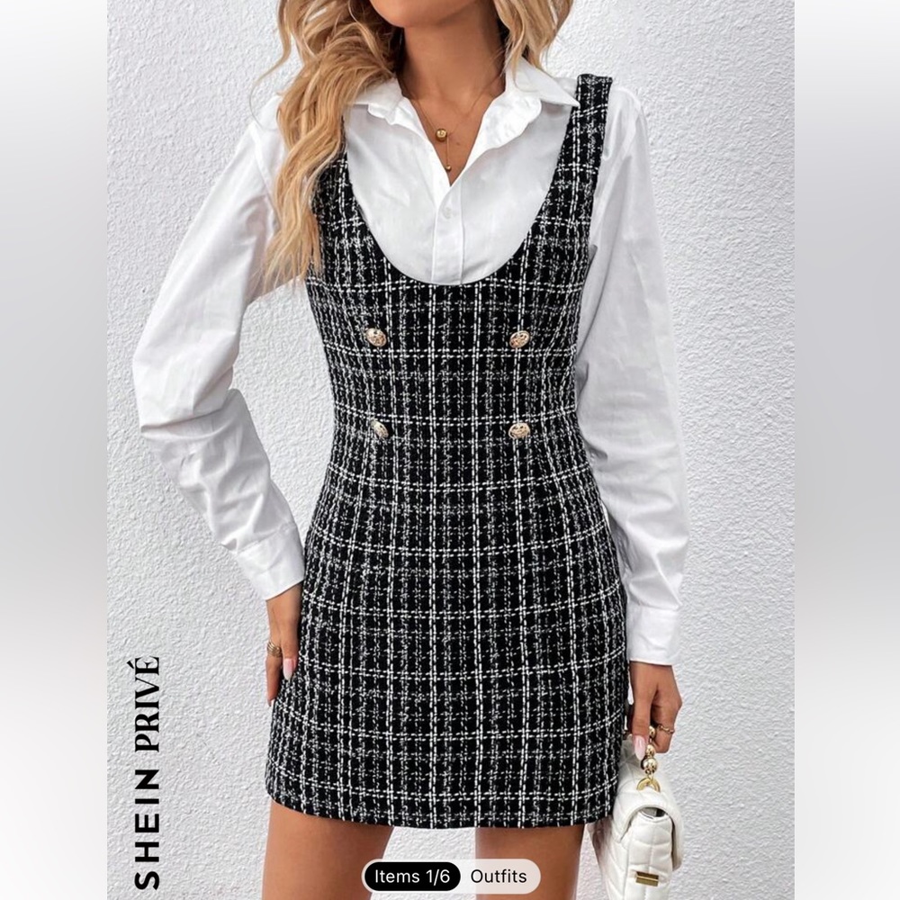 SHEIN Privé Fake Button Tweed Overall Dress Without Blouse